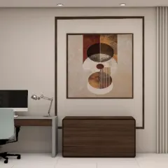 The 3D render of the study area, showing the final look with a modern desk, ergonomic chair, and stylish storage cabinet. Our 3D designs help you visualize your space perfectly.
