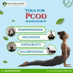 Yoga is a key part of managing PCOD. This visual demonstrates beneficial asanas like Dhanurasana and Malasana, which I recommend to patients to help regulate hormones, relieve menstrual discomfort, and improve pelvic circulation.