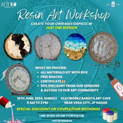 Learn to create stunning resin art clocks in just one session. This workshop poster shows the different styles you can master, from elegant marble effects to beautiful beach-themed designs. All materials and snacks are provided.
