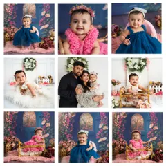 A beautiful collage from a baby's milestone session. It includes lovely individual portraits and a heartwarming shot with her loving parents, telling the story of her year.