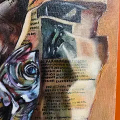 A close-up of the fish painting shows the detailed study of texture and reflection. Notice the careful rendering of the fish's eye and the crumpled newspaper, key elements of advanced realism.