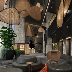 The entrance lobby of the Pullman Hotel in the Middle East, showcasing a blend of natural materials and modern design. This interior rendering highlights the intricate ceiling fixtures, custom furniture, and the overall sense of luxury that defines the guest's first impression.