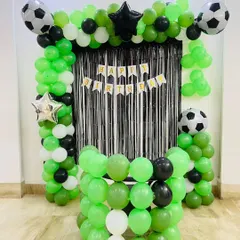 A compact football theme decoration with a goal-like balloon setup, perfect for smaller venues or home parties.
