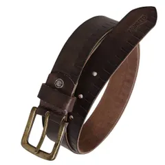 A casual men's belt crafted from distressed dark brown leather. The antique brass finish on the buckle complements the rugged texture of the leather, making it suitable for business casual wear.