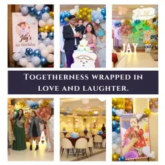 A look at Jay's first birthday celebration, featuring a blue, gold, and white balloon theme. The collage shows the main backdrop, the happy family, guests enjoying the party, and our versatile seating arrangement.