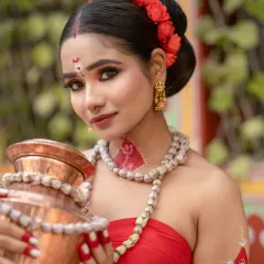 A close-up of a model in a cultural look, with traditional body art (alta) and a serene expression.