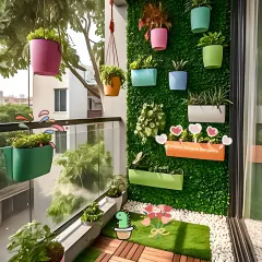 A bright and cheerful design featuring a full artificial green wall as the centerpiece. We used a variety of colorful wall-mounted and hanging planters to add pops of color and personality. The flooring combines wooden deck tiles with a border of white pebbles for a clean, modern look.