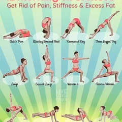 A visual guide to 12 morning stretches to get rid of pain, stiffness, and excess fat. This comprehensive chart includes everything from Child's Pose to Warrior II.