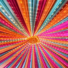 A vibrant ceiling canopy with bright pink, orange, and blue drapes, all lit up with fairy lights. This is perfect for a high-energy Sangeet night.