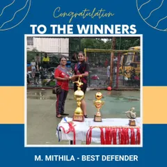 We celebrate every achievement. Here, our player M. Mithila is recognized as the Best Defender at the Monsoon Fest Cup. We focus on developing strong players in every position on the field.