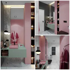 A collage showing a bathroom design with a playful yet chic color palette. The combination of soft pink walls, a mint green floating vanity, and mosaic accent tiles creates a unique and stylish space.