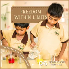 Freedom within limits is a key Montessori principle. These children have the freedom to choose their work, like this water pouring activity, within a structured and safe environment.