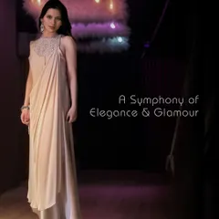 Embrace the enchantment of the night in this show-stopping party gown. The draped silhouette and embellished neckline create a look of effortless glamour that steals the spotlight.