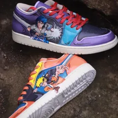 A battle of rivals on your feet. This pair of Air Jordan 1s features Naruto on one shoe and Sasuke on the other, captured in the middle of a fight. The artwork wraps around the shoe, making it a dynamic piece from every angle.