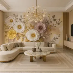 A vibrant and colorful 5D floral mural featuring a mix of yellow, white, and purple flowers with metallic gold leaves. This design brings a cheerful and artistic energy to the living space.