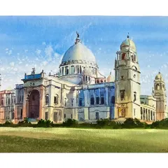 The magnificent Victoria Memorial in Kolkata, captured in watercolour. I focused on the architectural details and the vast green lawn in front, using splatters of white to suggest a bright, sunny day.