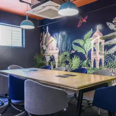 A shot of our tropical-themed boardroom, as featured in a repost by Elle Decor India. The publication highlighted the project's unconventional and refreshing approach to office design.