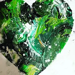 A close up of a heart in shades of green, the color of the heart chakra and nature. You can really see the texture here, the thick strokes and splatters of white paint that give the piece so much life and energy. This is a great choice for bringing a feeling of abundance and calm.