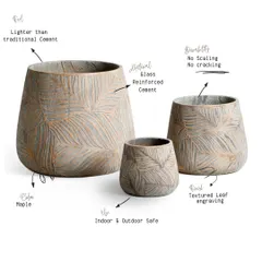 This graphic breaks down the features of my Timeless Leaves Series. You can see the textured leaf engraving, the durable GRC material, and the beautiful maple color. These planters are designed to be lightweight, long-lasting, and safe for both indoor and outdoor use.