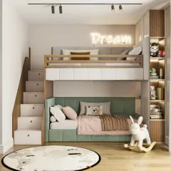 A dreamy and sophisticated kids' room with a loft bed and a cozy sofa underneath. The built-in bookshelf and neon "Dream" sign add a personal and stylish touch.