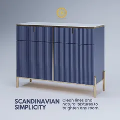 This Scandinavian-inspired console features clean lines and a deep blue, vertically textured surface. The simple form and natural textures are designed to brighten any room while providing sophisticated storage.