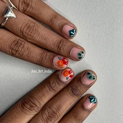 A beautiful and artistic set with abstract floral designs in orange and green.