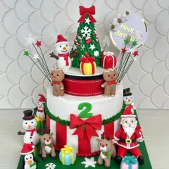 A Christmas birthday celebration for 2-year-old Aariv! This two-tiered cake is a winter wonderland, complete with Santa, reindeer, snowmen, and gingerbread men.