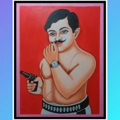 Another portrait of Chandra Shekhar Azad, this time against a solid red background, giving the painting a powerful and revolutionary feel.
