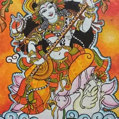 A student's finished Kerala mural, painted with acrylics. This piece highlights the vibrant colours and intricate designs that are central to this traditional Indian art form, which I specialize in teaching.