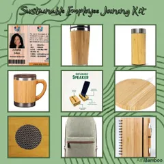 Our sustainable employee joining kits are a thoughtful way to welcome new team members while reinforcing your company's commitment to the planet. This collage showcases some of the customizable items we offer, including bamboo ID cards, drinkware, wireless chargers, notebooks, and eco-friendly backpacks.