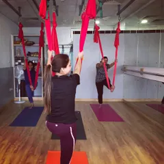Guiding the group through standing poses using the hammock for balance and support. Private sessions allow for personalized attention and a pace that suits the group's energy.