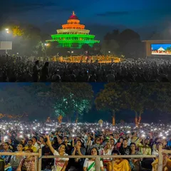A collage of the Independence Day celebration. The top frame shows the beautifully lit Vishalakshi Mantap, while the bottom shows the crowd holding up their phone lights, creating a sea of light.