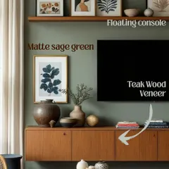 A detailed shot highlighting the material choices: a matte sage green wall, teak wood veneer on the floating console, and curated art. These elements come together to create a sophisticated yet relaxed vibe.
