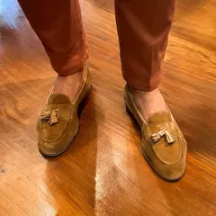 A close-up of my tassel loafers, demonstrating how the right footwear can complete a colorful and stylish office look. The rich tan suede complements the rust trousers perfectly.