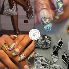 A mood board for the ultimate party girl. This collage connects a bold, sculpted silver and crystal nail set with images of sparkling heels and a glittery handbag.