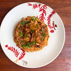 This is my tender jackfruit biryani, and it's not just a pretty face. I cook the jackfruit just right so it soaks up all the masalas like a sponge while staying soft. It's a seasonal vegetarian showstopper.