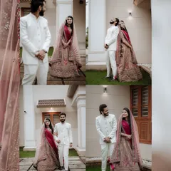 A collage of a couple in their wedding attire, capturing their happy interactions and classic portraits outside the venue.