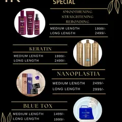 Explore my range of chemical treatments designed to give you smooth, straight, and manageable hair. I offer smoothening, straightening, rebonding, Keratin, Nanoplastia, and Blue Tox treatments, always ensuring your hair's health comes first.