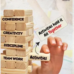 Just like Jenga, activities are the blocks that build confidence, creativity, discipline, and teamwork. This image reinforces the importance of extracurriculars for a child's development.