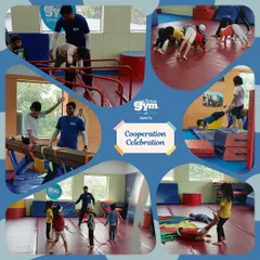 This collage captures the spirit of cooperation at my camp. You can see children learning together on the balance beam, working as a team in group games, and getting encouragement from my coaches.