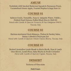 The non-vegetarian menu for our Castello di Querceto wine dinner, featuring pairings like Salmon Crudo with Vernaccia and Duck Bisteeya with Chianti Classico.