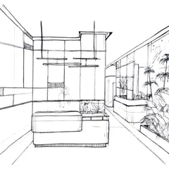 A perspective sketch of an office reception area. Sketching helps us establish the core design language and spatial relationships before moving into digital modeling.