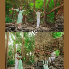A collection of photos from a pre-wedding shoot near Revdanda fort, blending natural greenery with historic architecture. The couple's coordinated outfits complement the earthy tones of the location.
