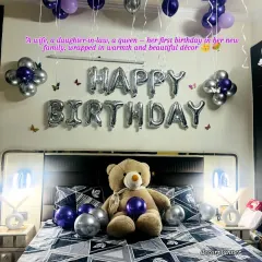 A first birthday in a new home is such a special milestone. I designed this cozy and loving surprise for a wife's first birthday at her sasural, using her favorite colors and a cute teddy bear to make her feel cherished and welcomed.