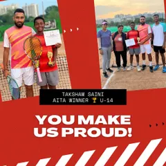 You make us proud. Another shot celebrating Taksham Saini's win at the AITA U14 tournament, pictured with me and our coaching team who are all in his corner.
