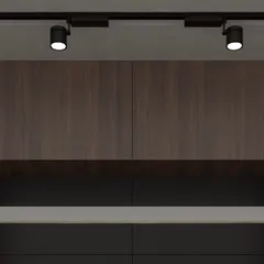 A detail of the track lighting and veneer cabinets from the black kitchen concept. This view shows the precise alignment and minimalist hardware that contribute to the kitchen's sophisticated and modern aesthetic.