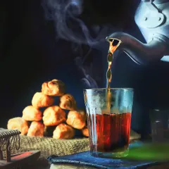 A classic Indian chai scene, with tea being poured into a glass from a kettle. The rising steam and the stack of biscuits create a feeling of warmth, nostalgia, and comfort.