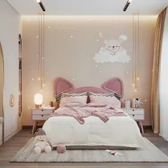 This sweet and dreamy girl's bedroom features a pink cat-ear headboard, star-themed wallpaper, and delicate pendant lights. The design is soft, whimsical, and perfect for a little one.