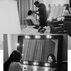 A behind-the-scenes look at the bridal preparation. This black and white collage shows the makeup artist at work and the bride's reflection in the vanity mirror, capturing the anticipation.