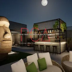 A render of the terrace garden under a full moon, showcasing the bar and lounge area. The design creates a resort-like ambiance, perfect for evening relaxation.